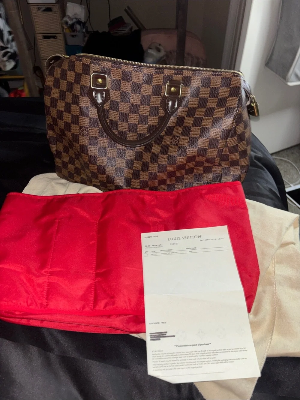 Louis Vuitton Damier Ebene Speedy 35 Satchel with Red Interior